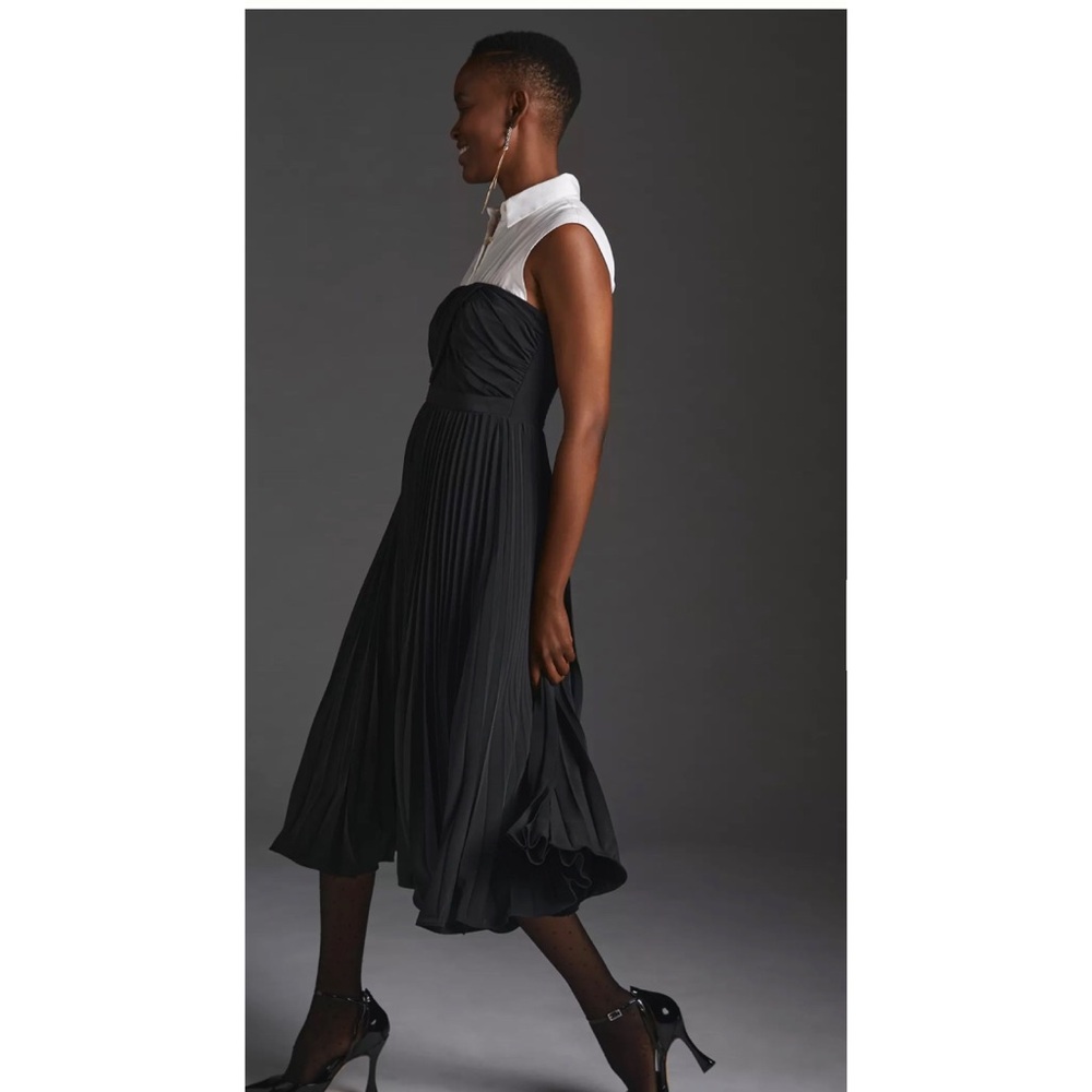 Anthropologie Black and White Pleated Midi Shirt Dress - Picture 3 of 10